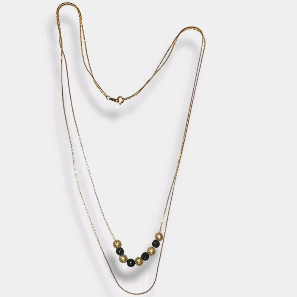 Dainty Minimalist Gold Tone & Black 2 Strand Layered Beaded Necklace 24" - Picture 3 of 7
